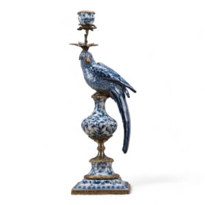 Porcelain Blue and White Parrot Candle Holder with Bronze Ormolu