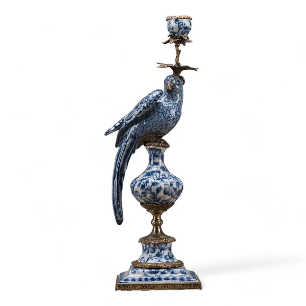 Porcelain Blue and White Parrot Candle Holder with Bronze Ormolu II