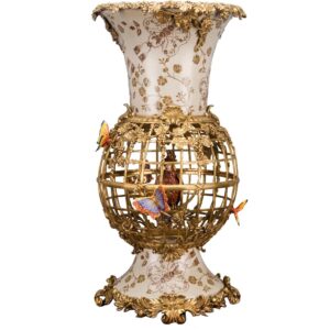Porcelain Bronze Bird Cage Vase with Swingable Parrot, Featuring Bronze Ormolu