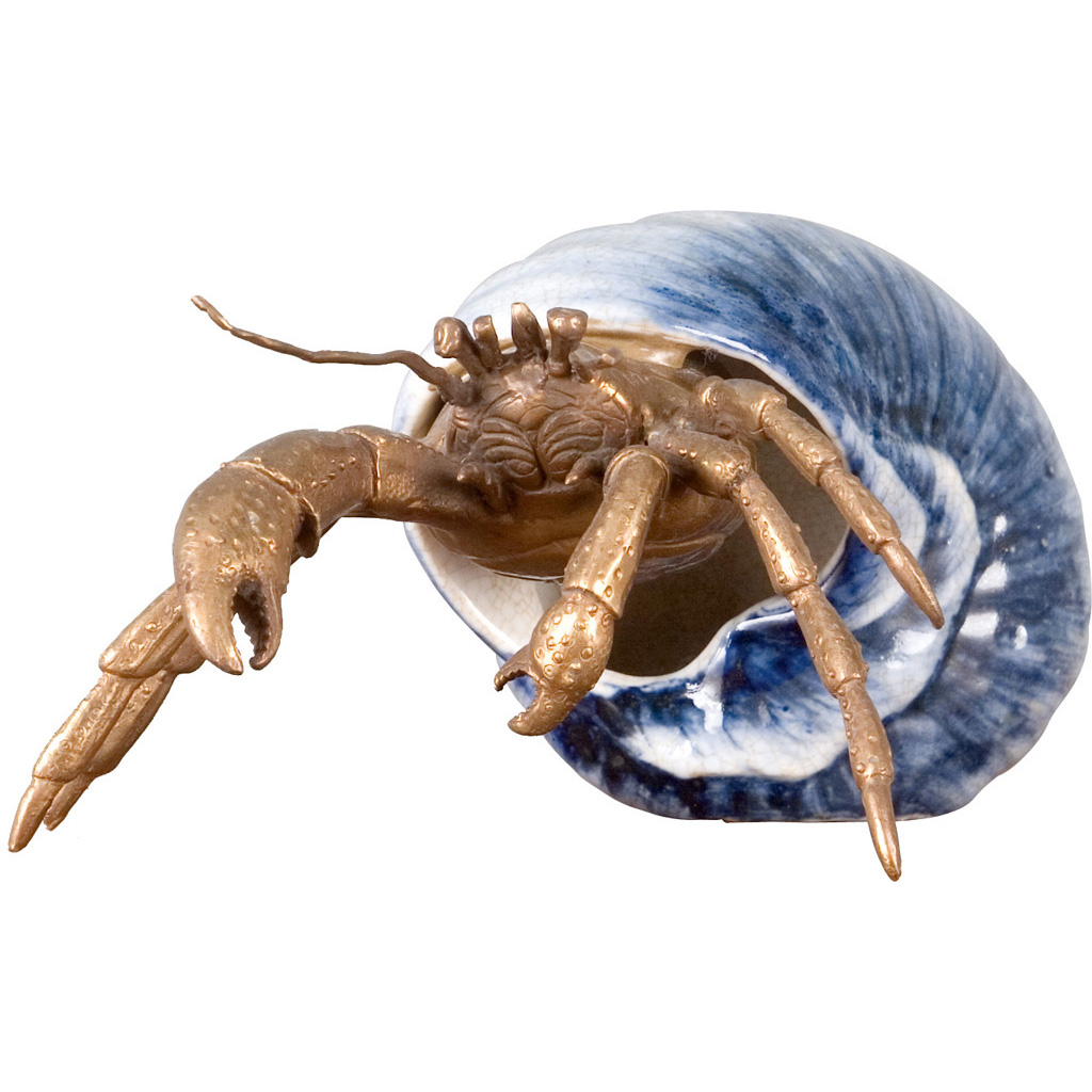 Porcelain Bronze Crab Figurine in Shell Blue with Bronze Ormolu