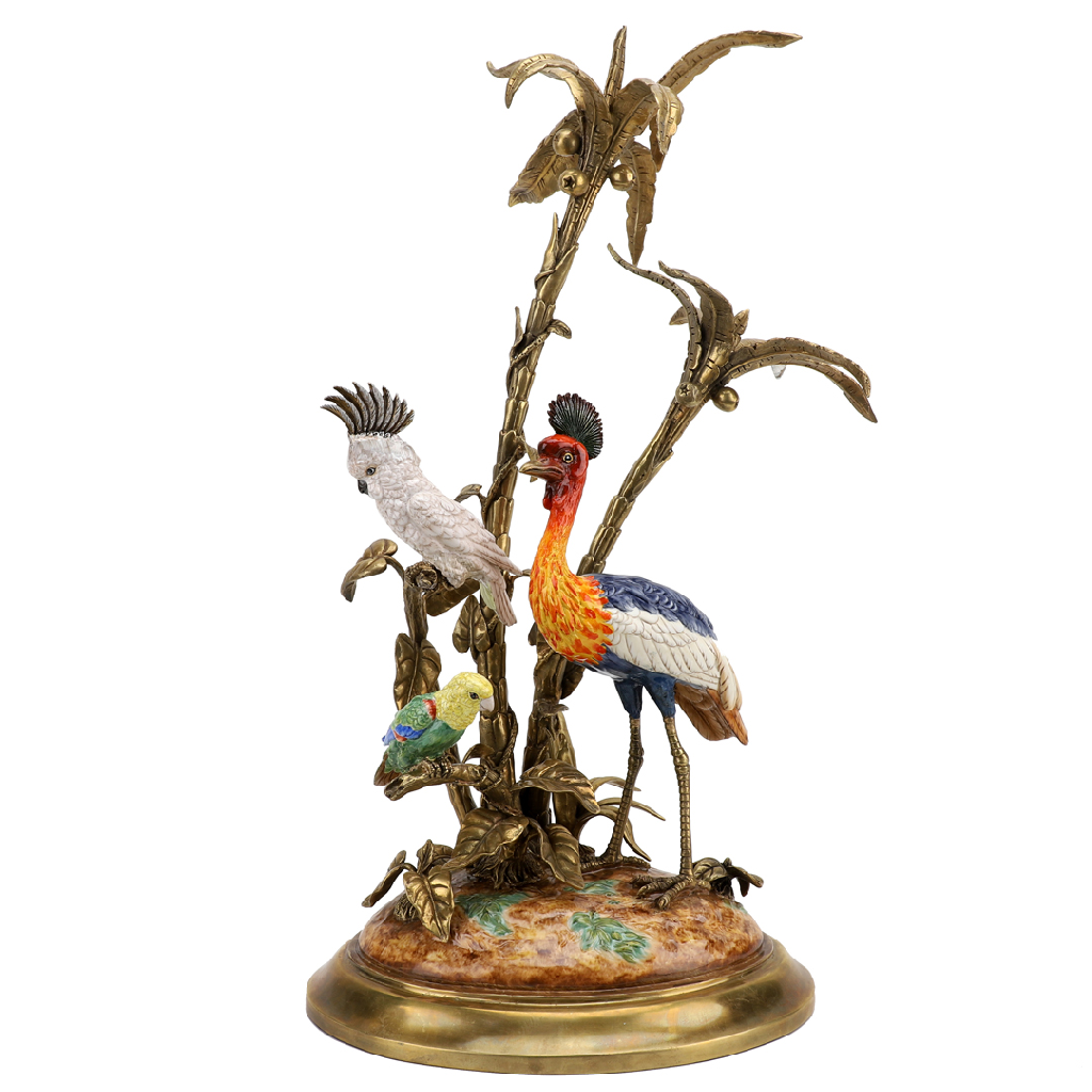 Porcelain Tropical Birds and Palm Tree Figurine with Bronze Ormolu