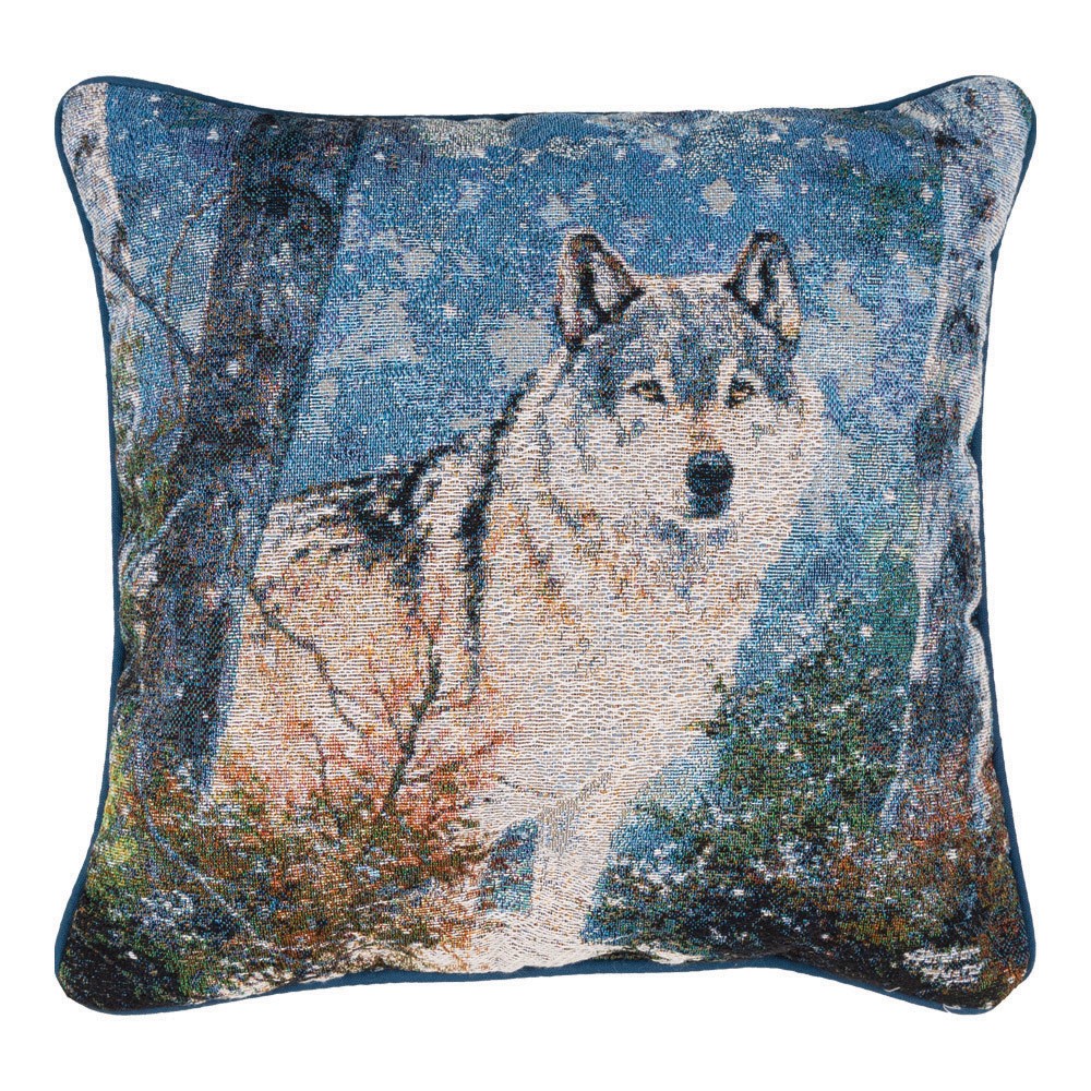 Snowy Silence Woven Pillow – Wolf