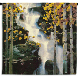 Waterfall by Michael O'Toole – Woven Tapestry Wall Art Hanging – Gushing Water in Rocky Birch Landscape 53x53