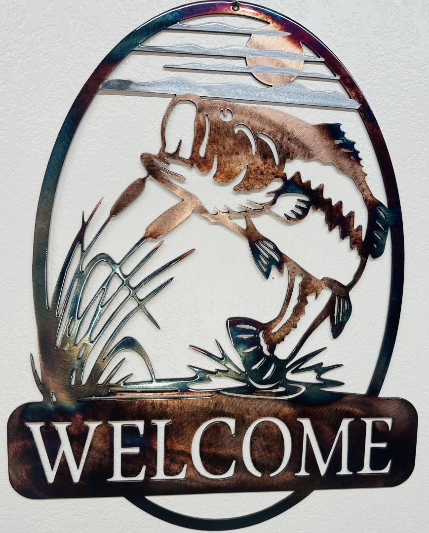 Welcome Bass Oval Metal Fish Wall Decor