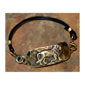 Antiqued Hammered Brass Lion Rockband Bracelet - Black Rawhide - Gold Filled Wrap by Elaine Coyne