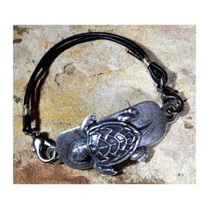 Antiqued Silver Solid Brass Sea Turtle Rockband Bracelet – Black Rawhide – by Elaine Coyne