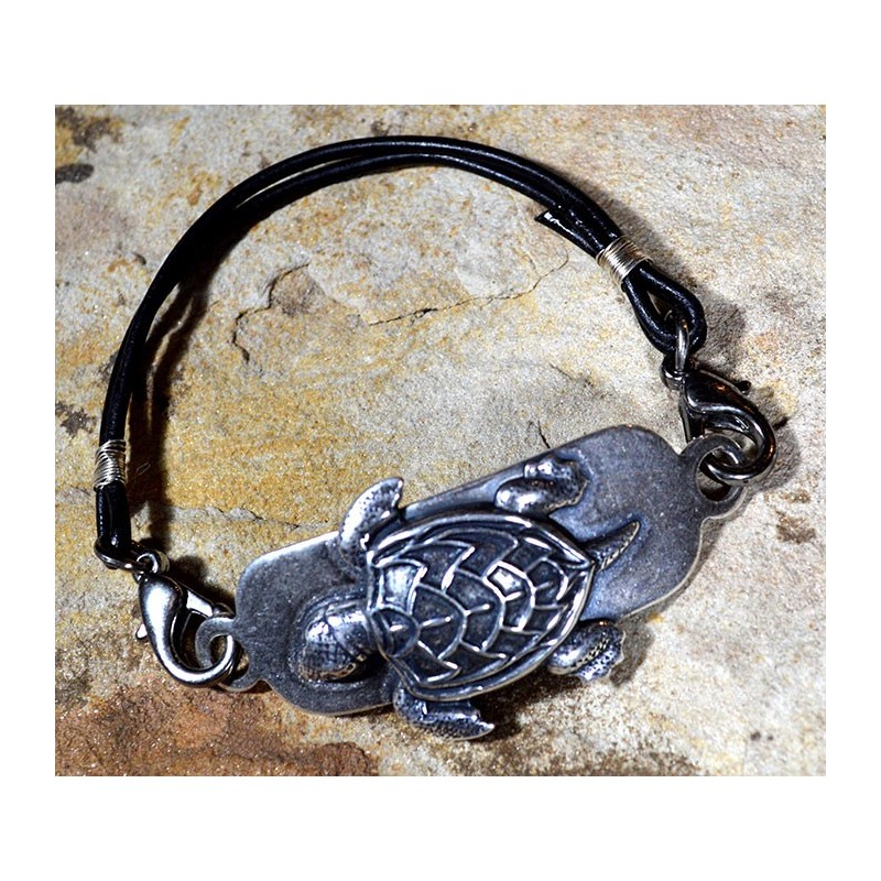 Antiqued Silver Solid Brass Sea Turtle Rockband Bracelet – Black Rawhide – by Elaine Coyne