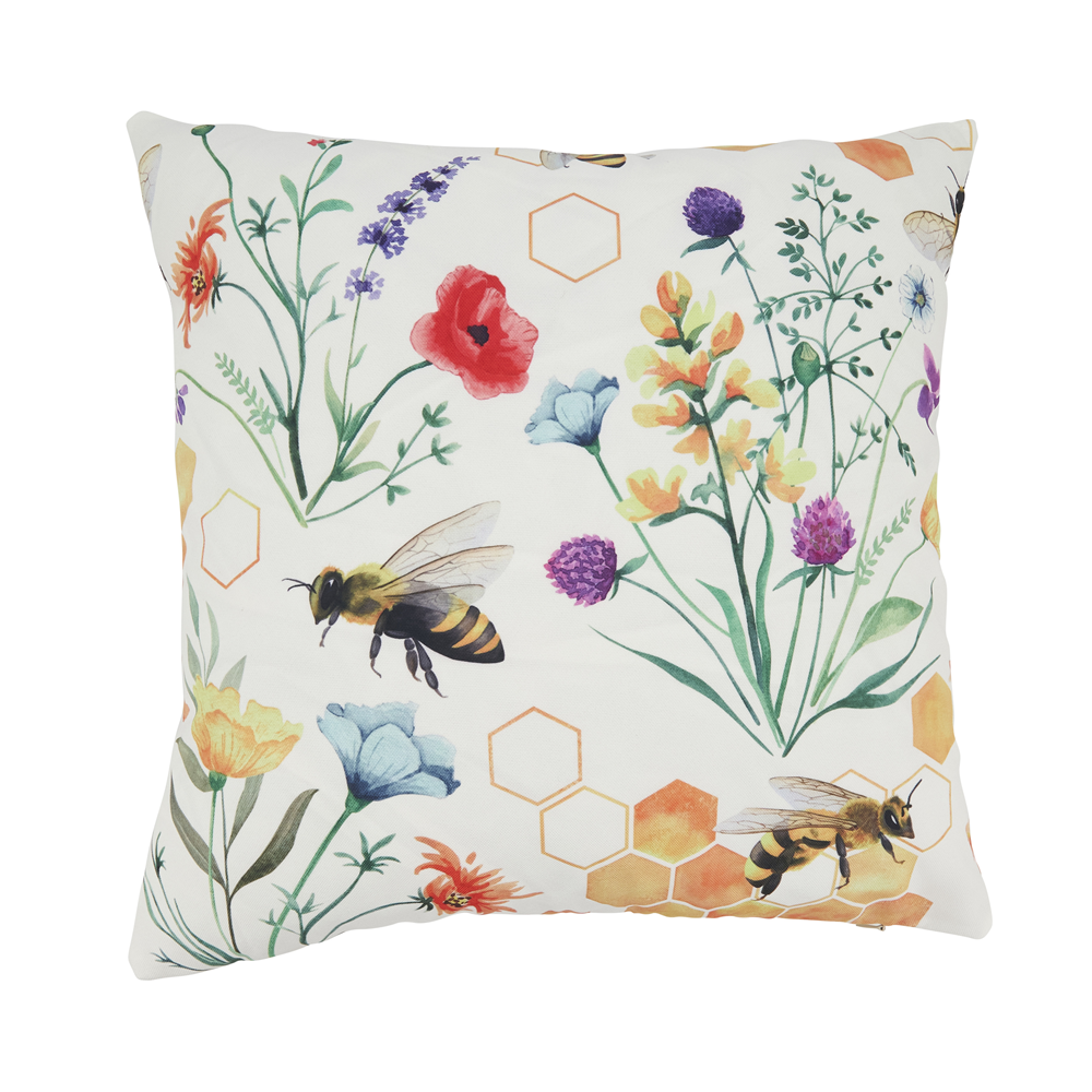 Honey Bee Floral Outdoor Pillow - Poly Filled 18″ x 18″