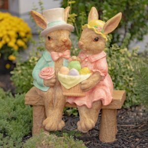 22″ Tall Fancy Rabbit Couple Sitting on Bench Magnesium Garden Statue