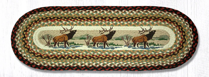 Hand Stenciled Oval Table Runner with Winter Elk Design