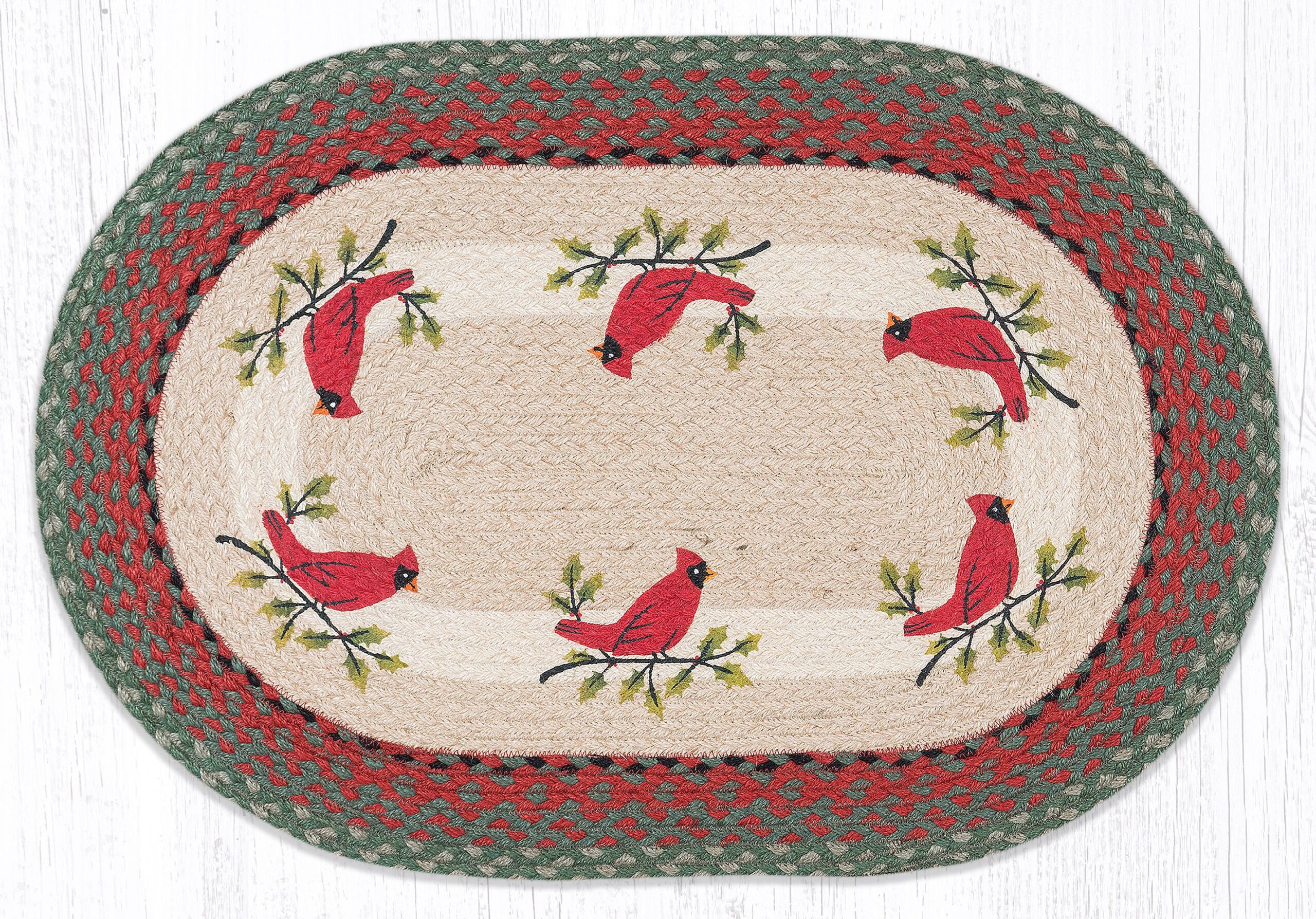 Holly Cardinal Hand Stenciled Oval Patch Braided Rug