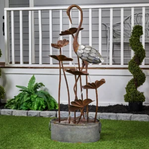 Metal Crane with Leaves in Pail Fountain