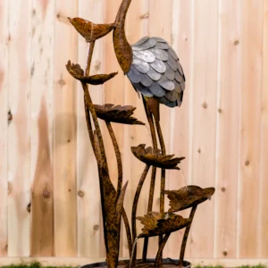 Metal Flamingo with Leaves in Pail Fountain