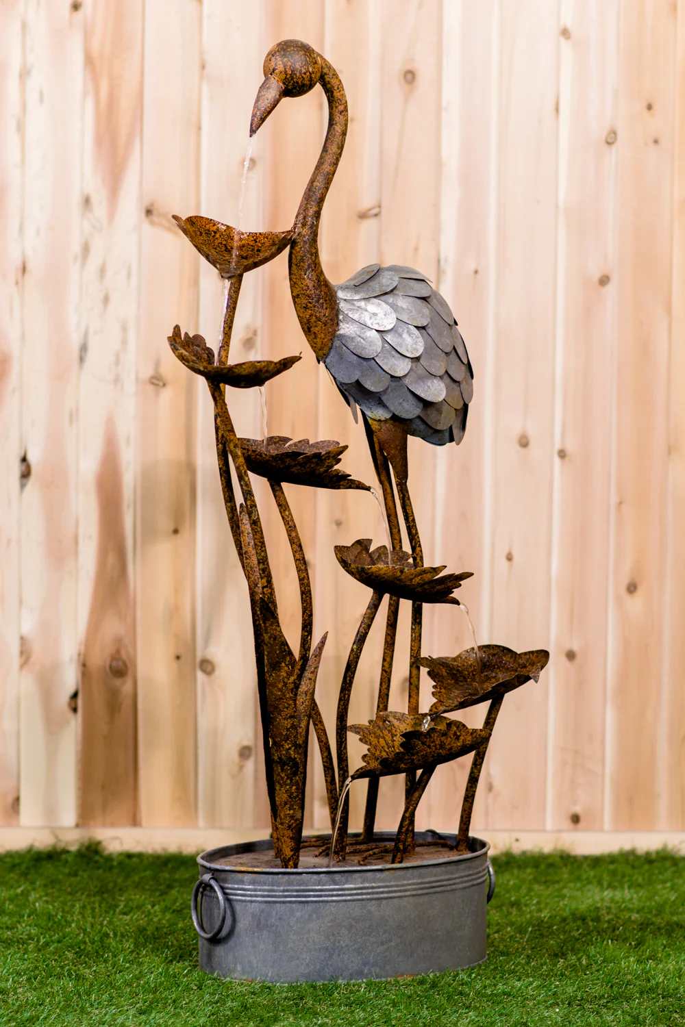 Metal Flamingo with Leaves in Pail Fountain