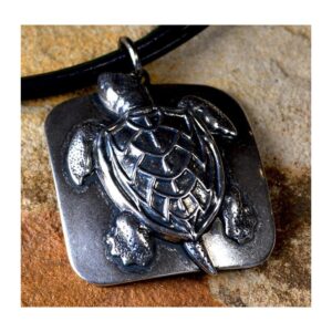 Mirror Antiqued Silver Solid Brass Large Sea Turtle Pendant on Triple Rawhide by Elaine Coyne