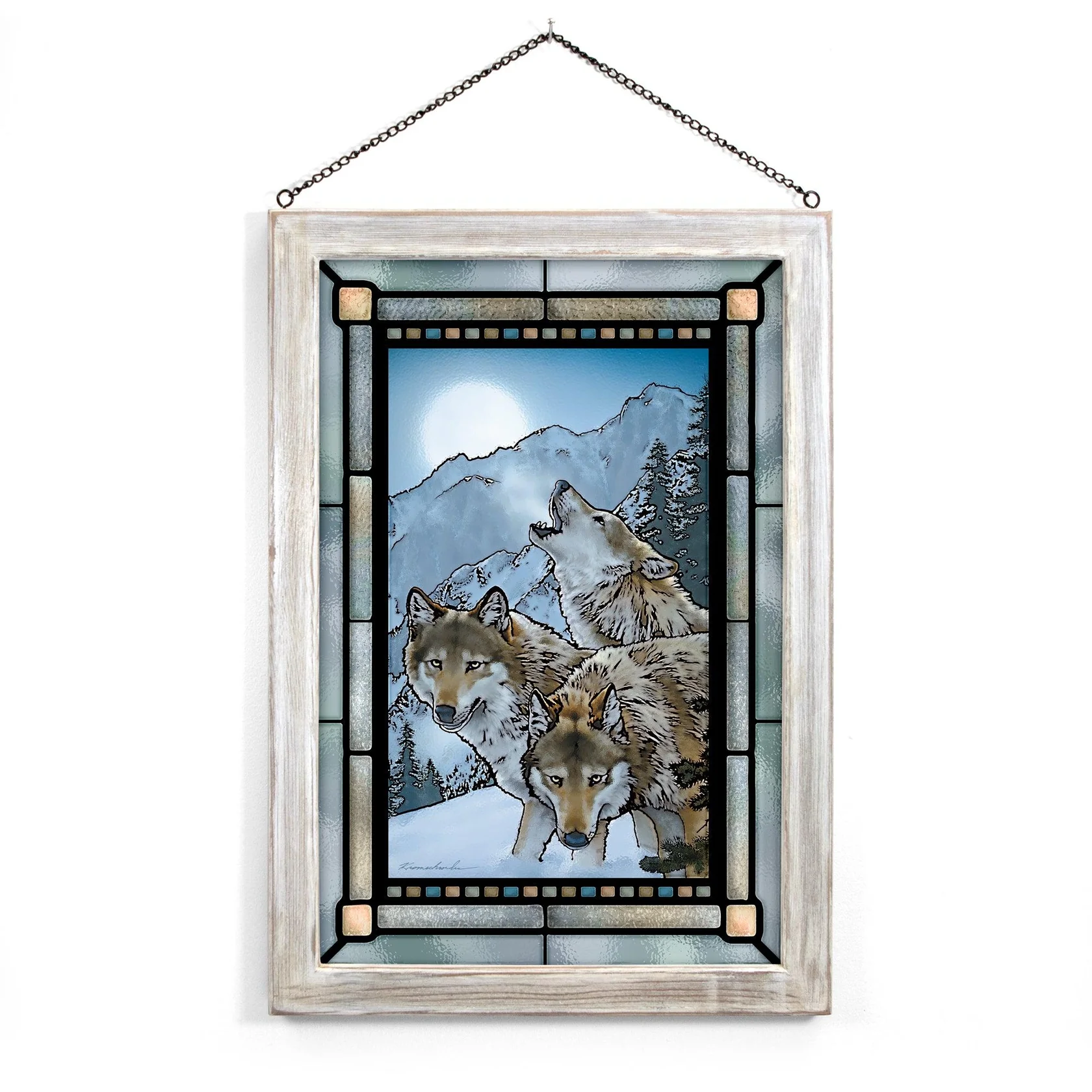 Moon Dancers - Wolves - Stained Glass Art in Whitewash
