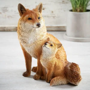 Mother & Baby Fox Sitting Statue Figurine