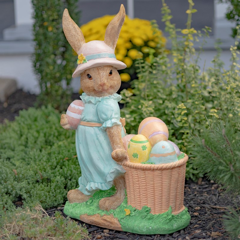 Rabbit Garden Statue with Easter Basket & Sun Hat