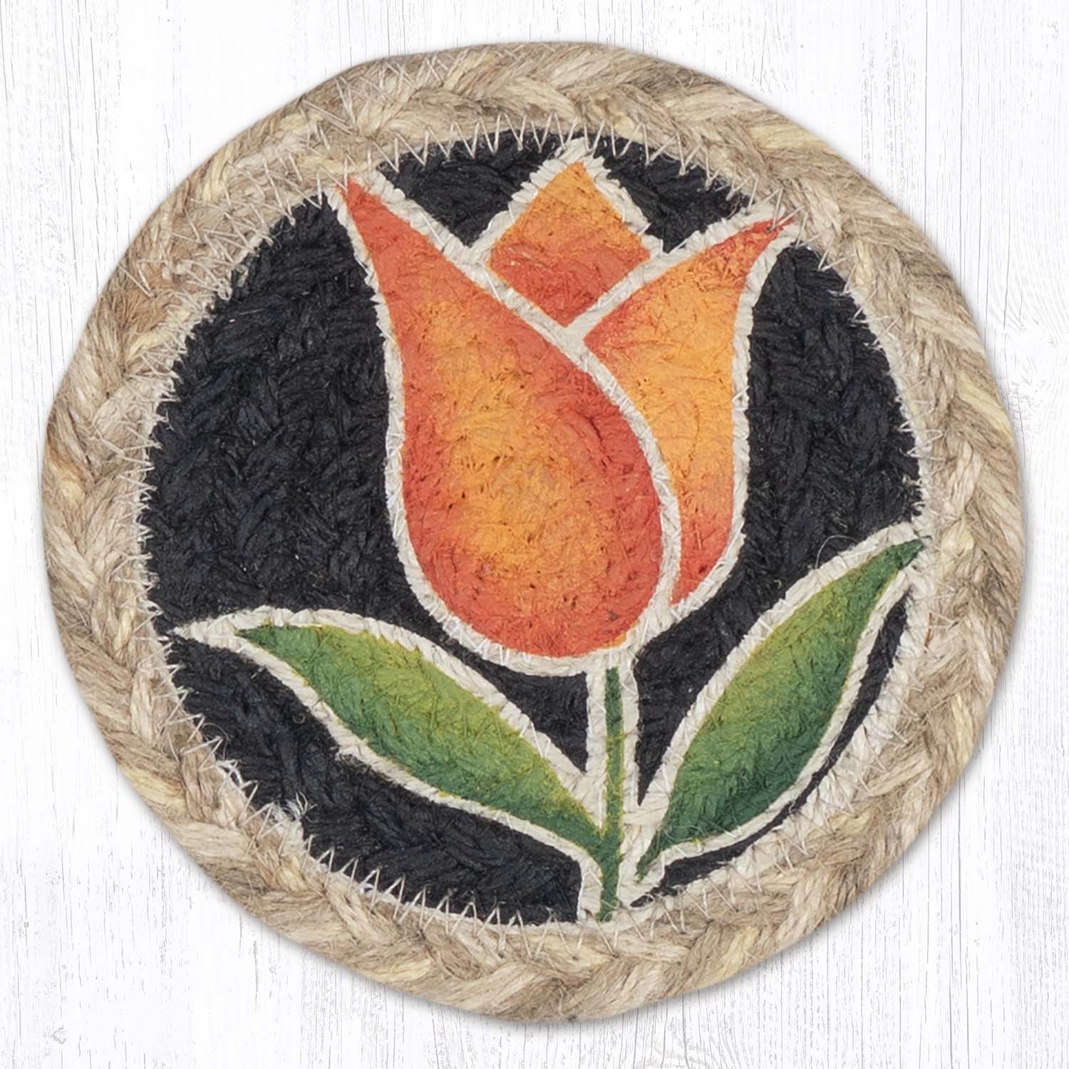 Round Hand Stenciled Coaster with Tulip - Orange Design