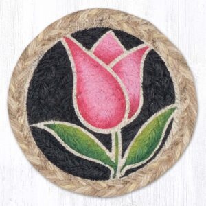 5" Round Hand Stenciled Coaster with Tulip - Pink Design (Pack of 6)