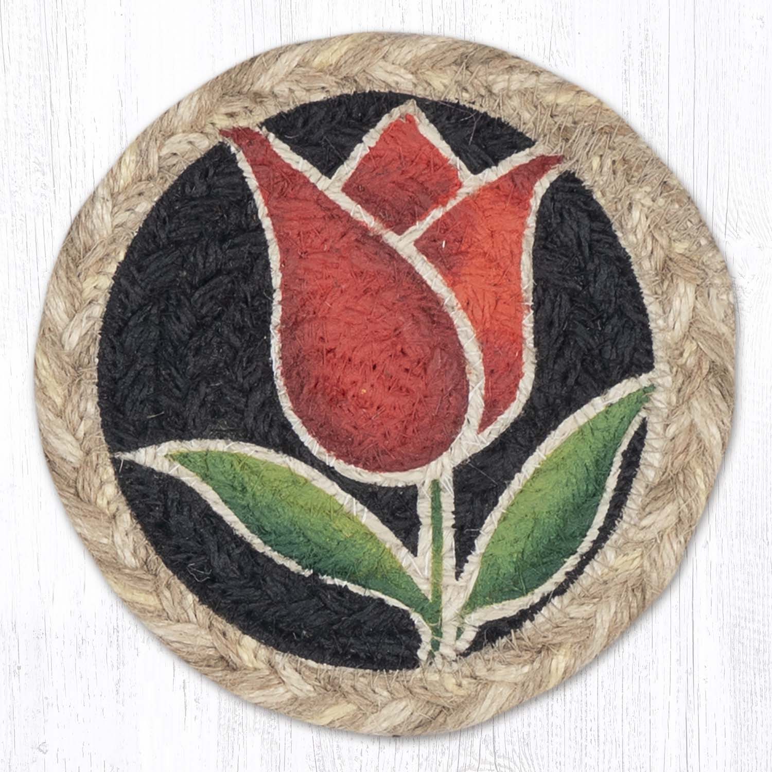 Round Hand Stenciled Coaster with Tulip - Red Design