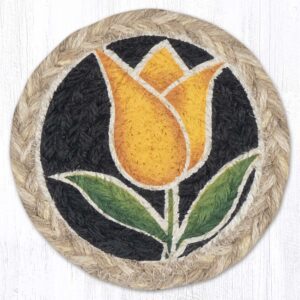 5" Round Hand Stenciled Coaster with Tulip - Yellow Design (Pack of 6)