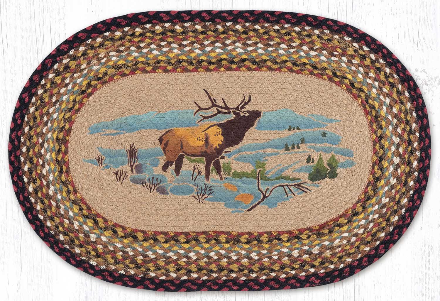 Winter Elk Hand Stenciled Oval Patch Braided Rug