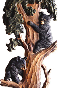 Bear Cubs in Tree Intarsia Wood Art 14" x 32"