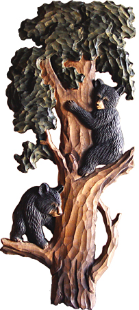 Bear Cubs in Tree Intarsia Wood Art 14" x 32"