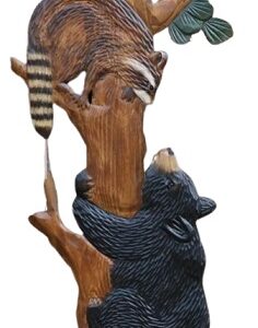 Bear and Raccoon in Tree Intarsia Wood Art 14" x 32"