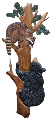 Bear and Raccoon in Tree Intarsia Wood Art