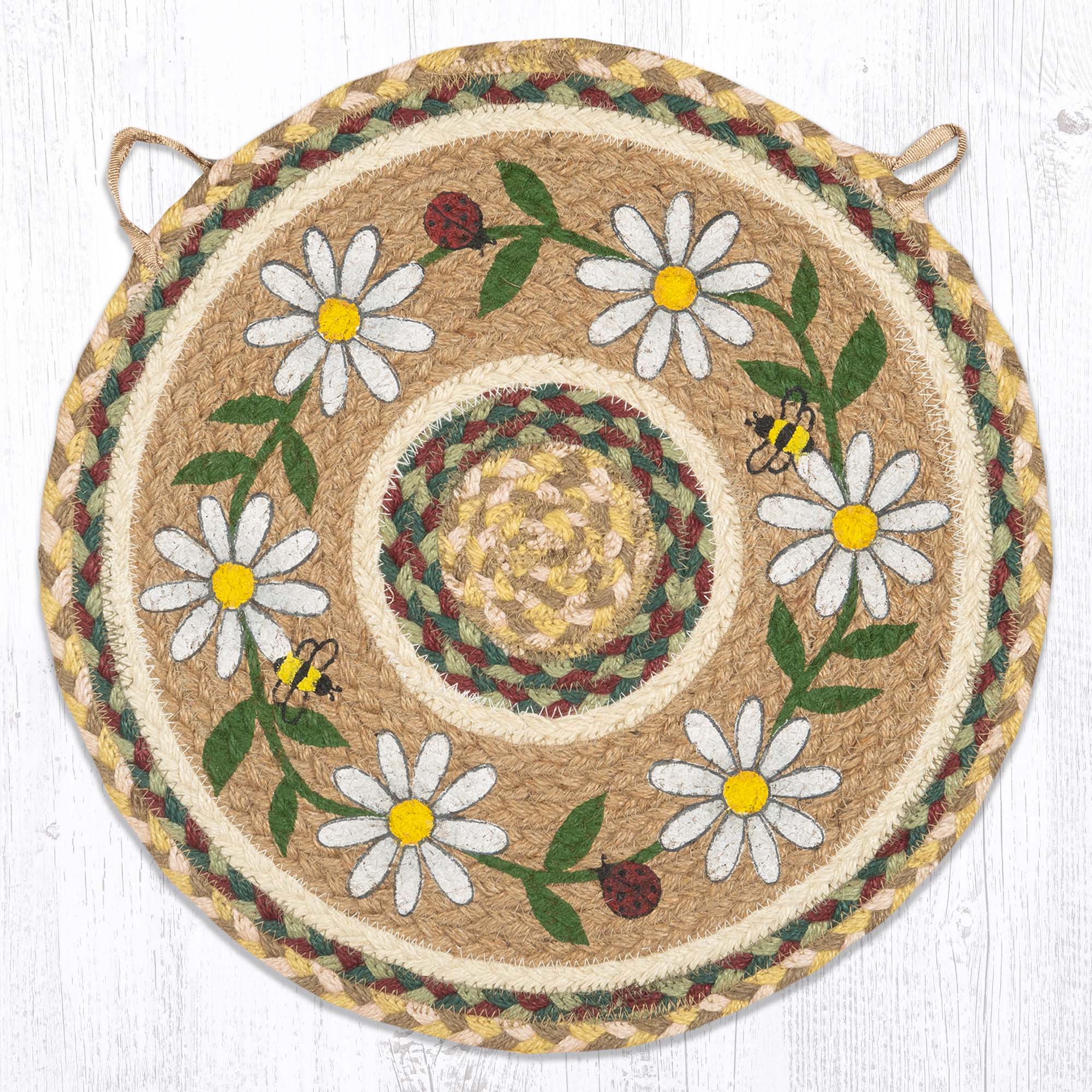 Hand Stenciled Jute Chair Pad with Daisy Design 15.5" Round
