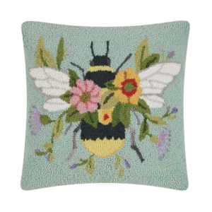 Floral Bee Over Flowers Hook Pillow Poly Filled 16X16