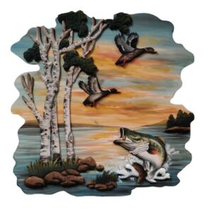 Flying Ducks and Bass Intarsia Wood Art 24" W x 24" H