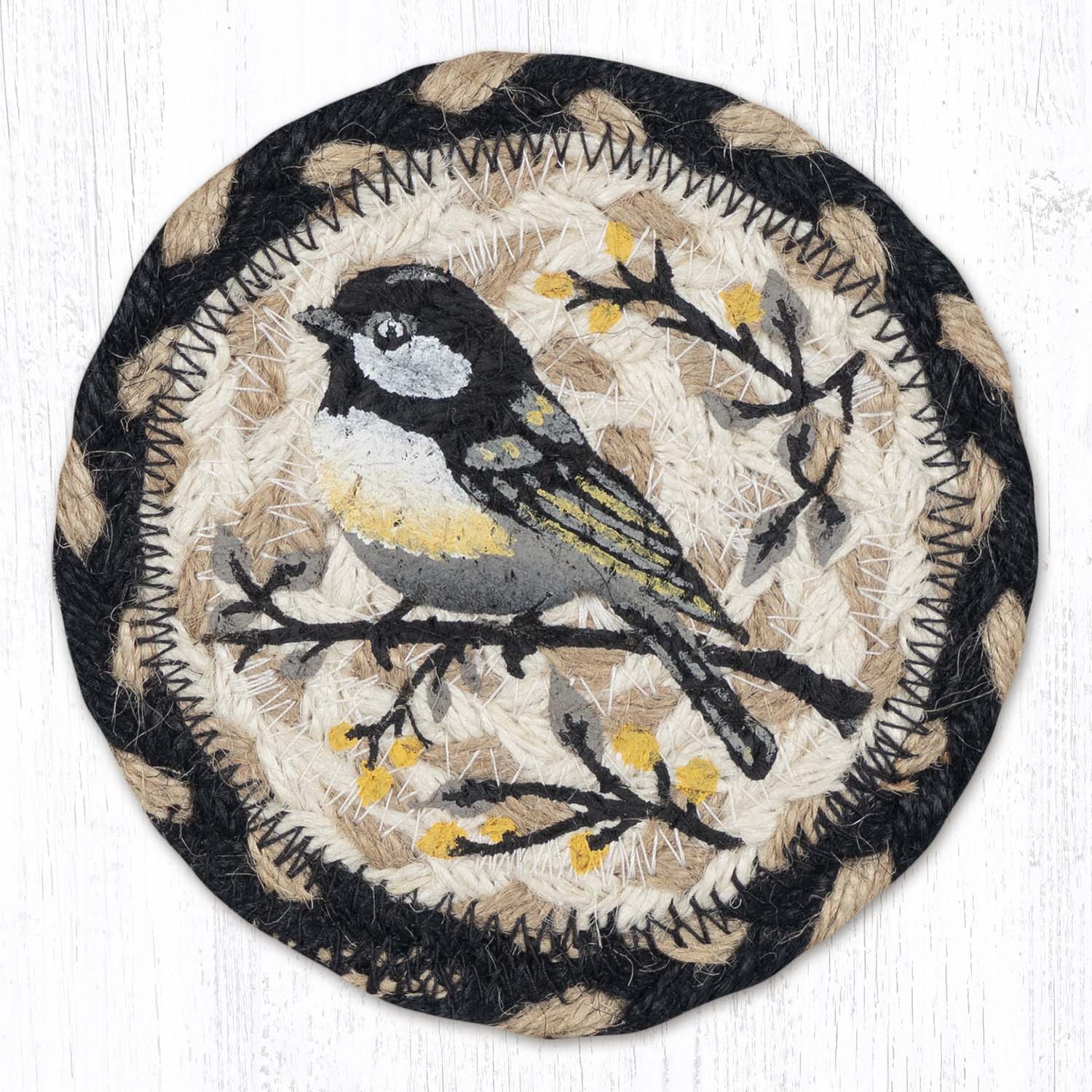 Hand Stenciled Coaster with Chickadee Spring Design