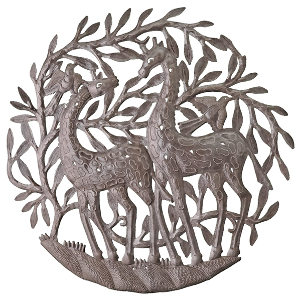Large Double Giraffes in Bush Recycled Steel Drum Wall Art 23"