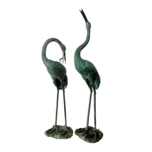 Large Standing Crane Bird Bronze Statue Set