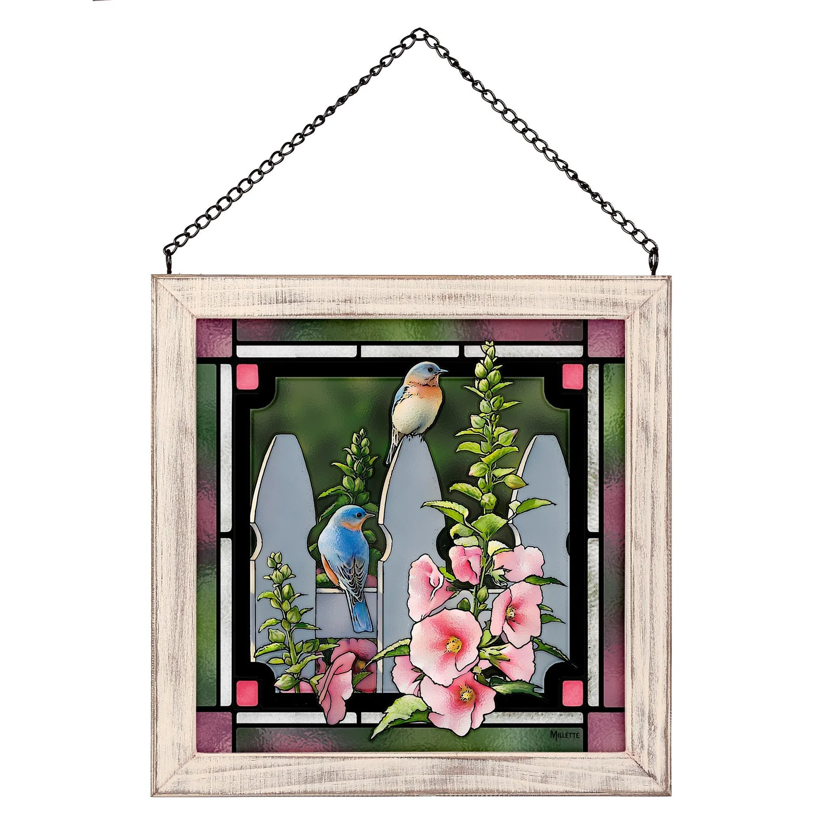 Picket Fence - Bluebirds - Stained Glass Art