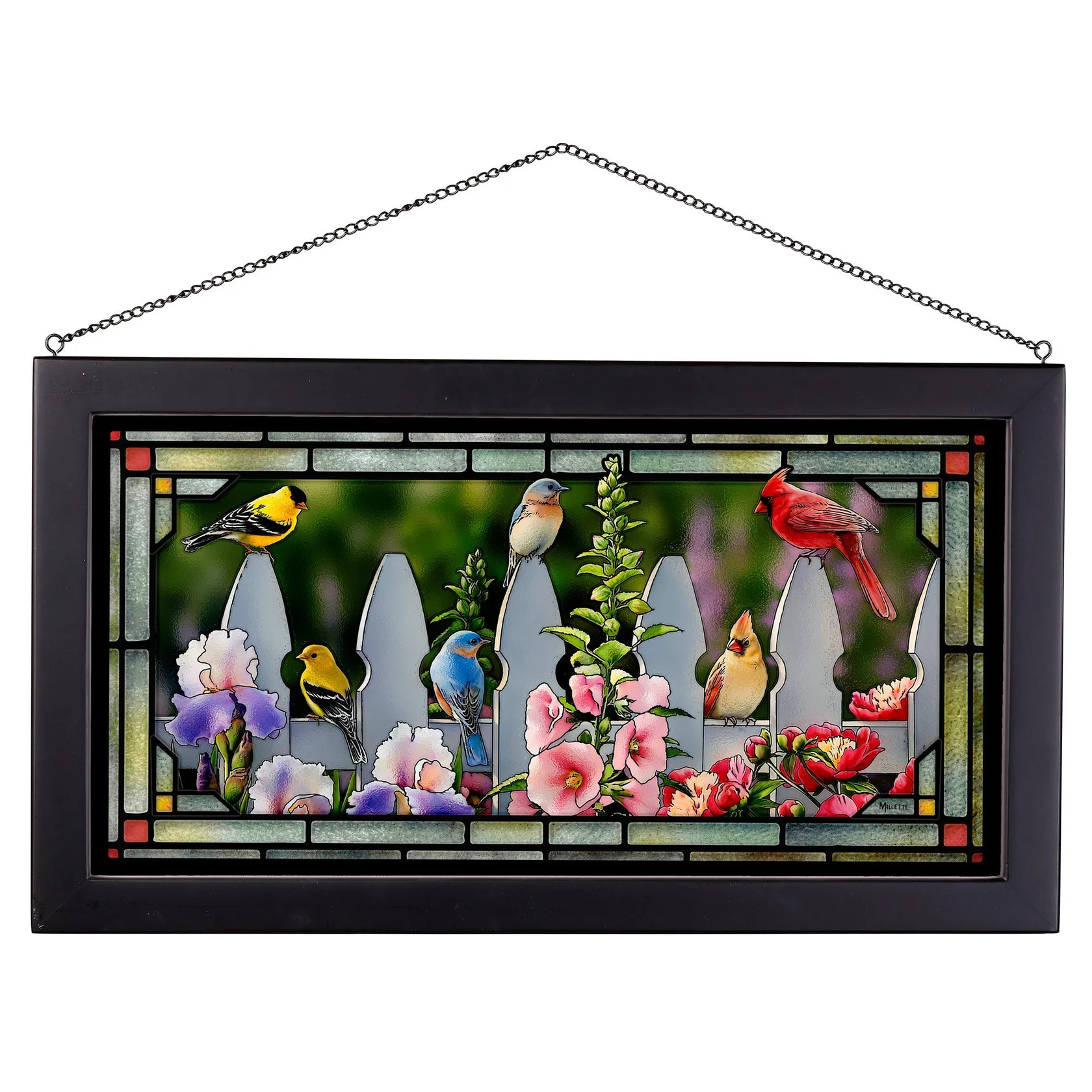 Picket Fence - Songbirds - 13" x 23" Stained Glass Art