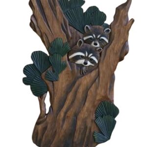 Raccoons in Tree Intarsia Wood Art 15" x 18"