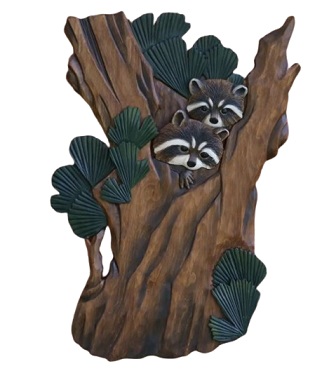 Raccoons in Tree Intarsia Wood Art 15" x 18"
