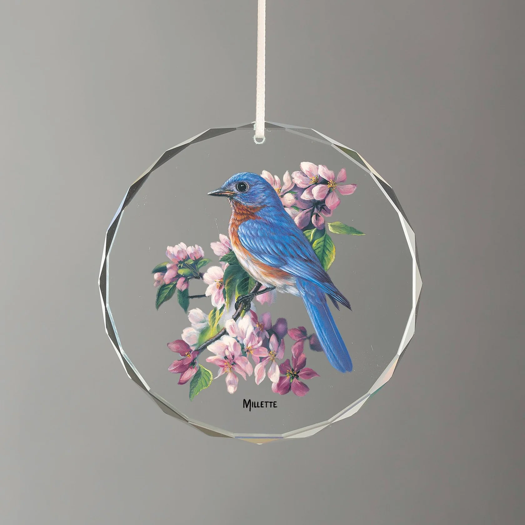Springtime Jewels - Bluebird - Round Glass Ornament