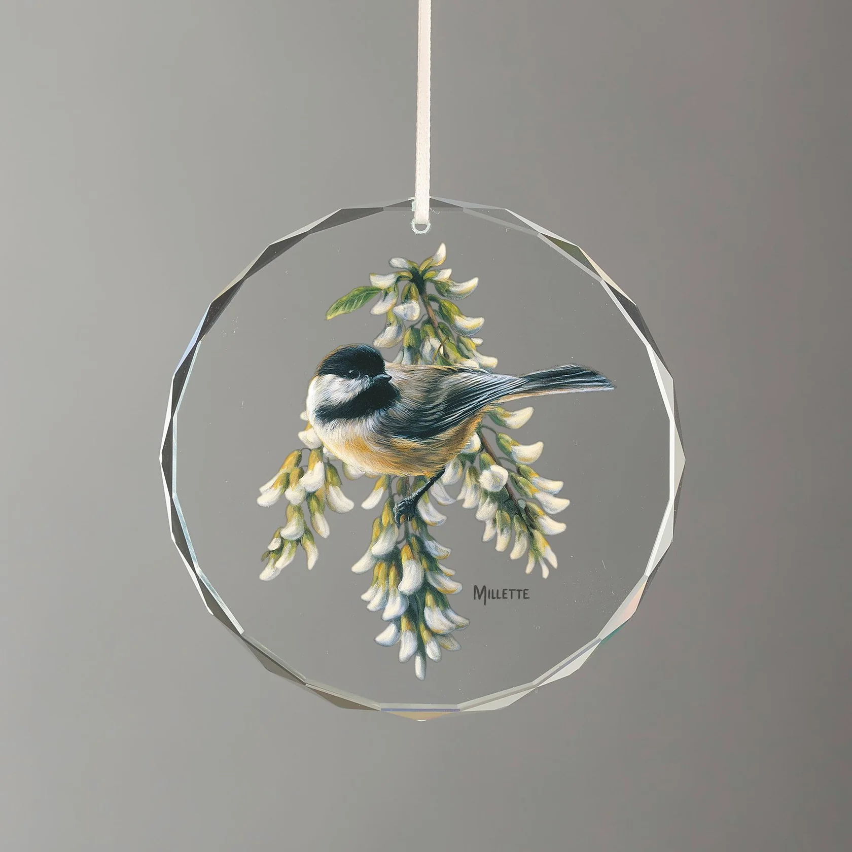 Springtime Jewels - Chickadee - Round Glass Ornament