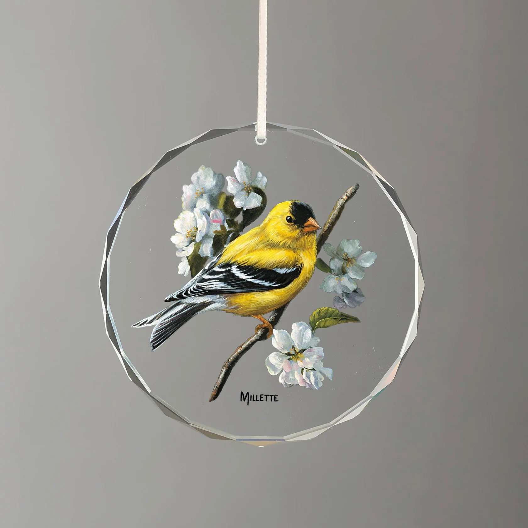 Springtime Jewels – Goldfinches – Round Glass Ornament