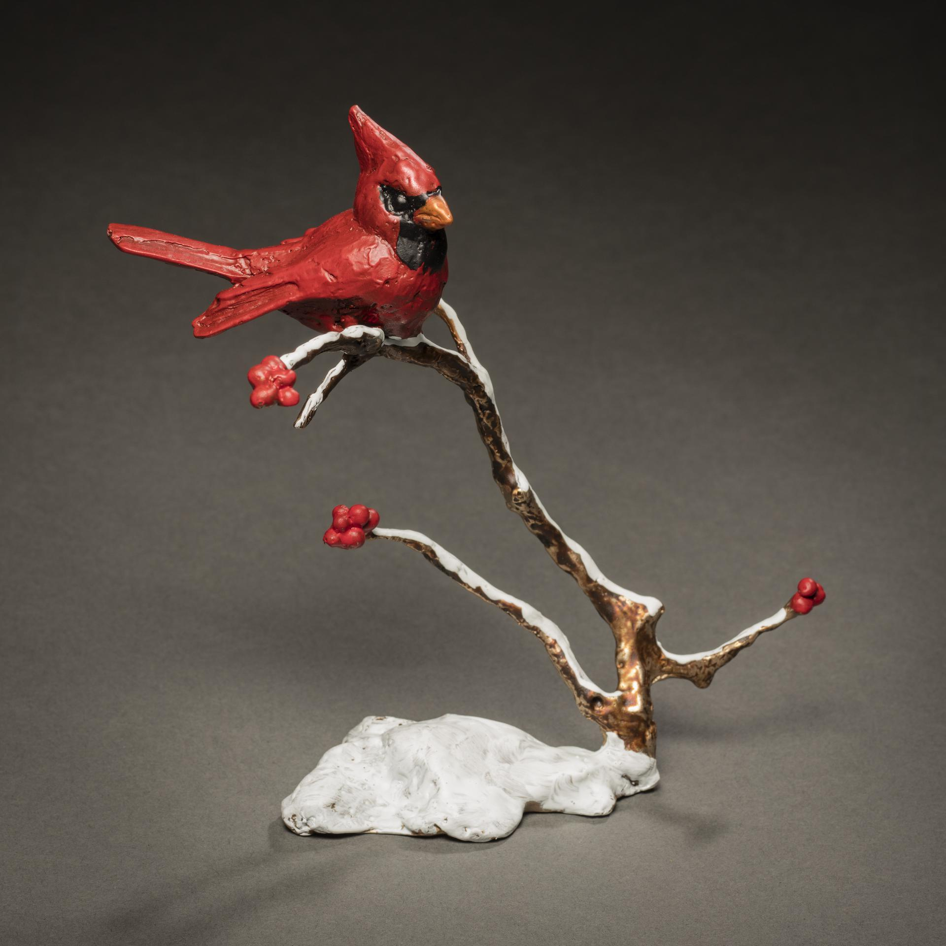 Winter's Kiss Cardinal Bronze Sculpture by Mark Hopkins