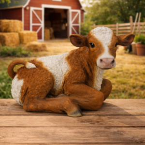 Brown & White Cow Laying Down Garden Statue