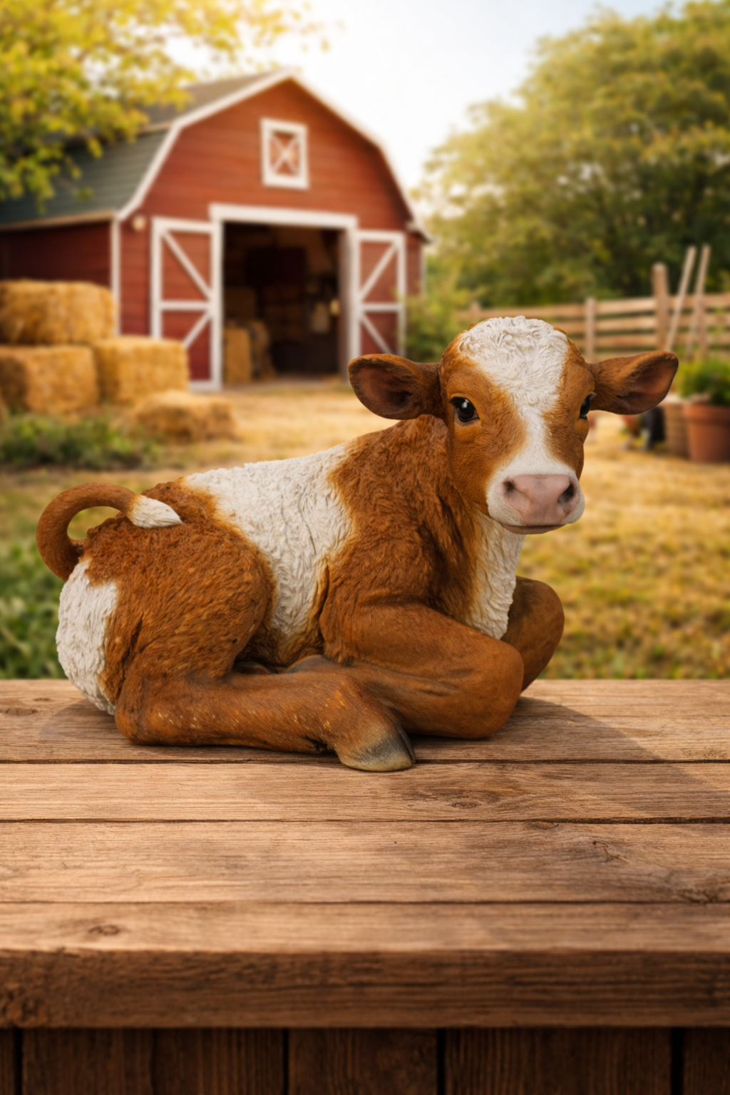Brown & White Cow Laying Down Garden Statue