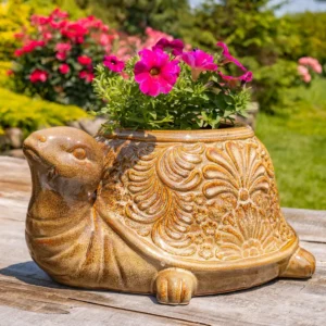 Set of 4 18.5" Hand Painted Ceramic Turtle Planters