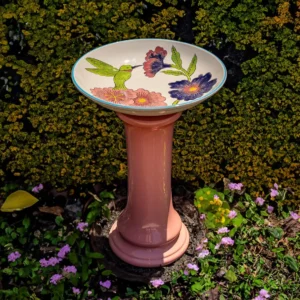 Decorative 24" Tall Porcelain Birdbath – Hand-Painted Hummingbirds & Floral Details