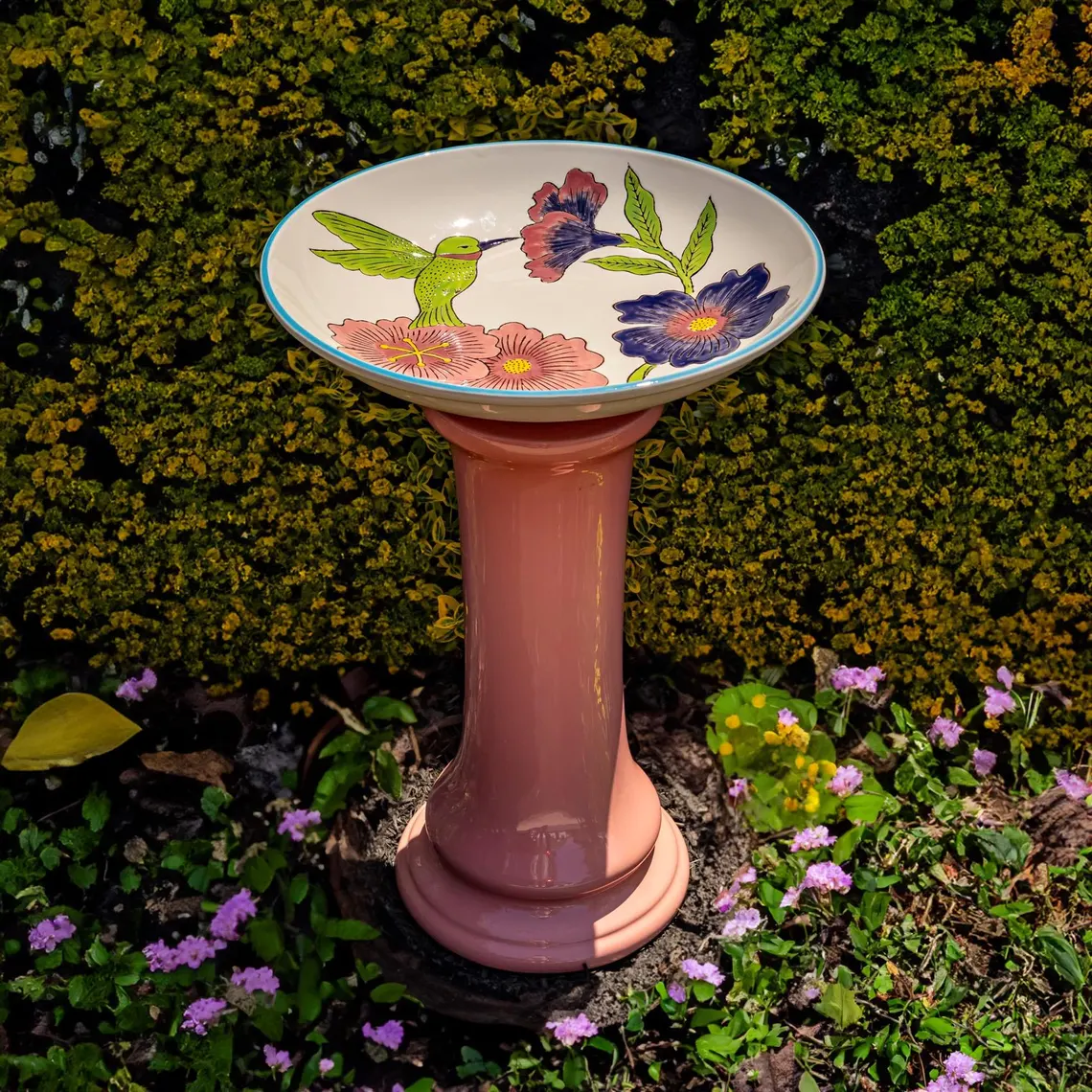 Decorative 24" Tall Porcelain Birdbath – Hand-Painted Hummingbirds & Floral Details